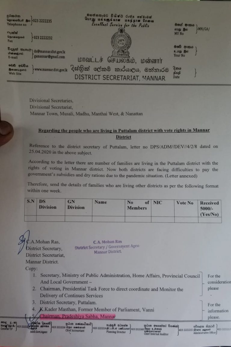 புத்தளத்தில் வாழும் மன்னார் வாக்காளர்களுக்கு நிவாரணம் வழங்க அரச அதிபர் நடவடிக்கை!  